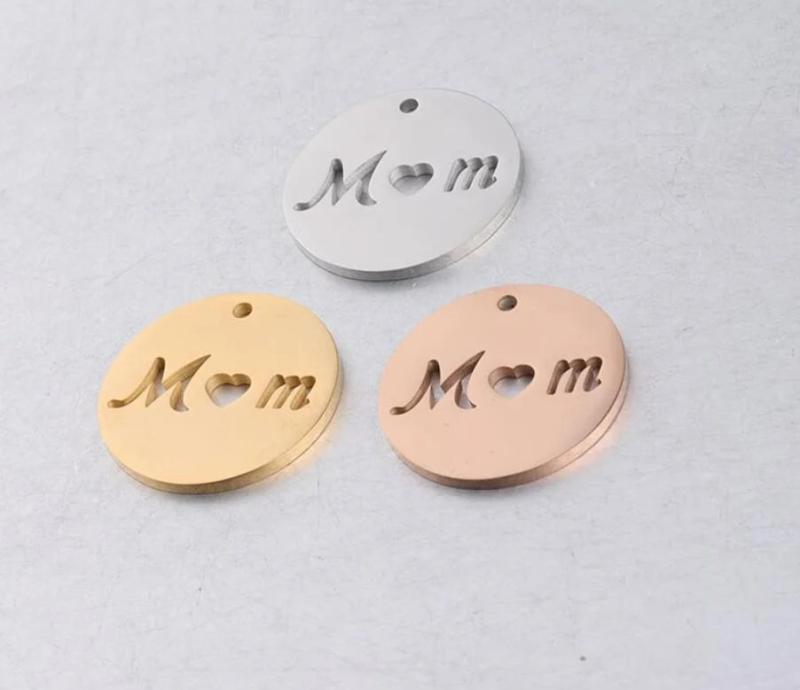 5pcs DIY 15mm Stainless Steel MOM Letter Round Pendant Mirror Polished Charm