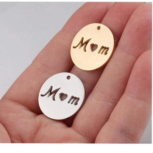 5pcs DIY 15mm Stainless Steel MOM Letter Round Pendant Mirror Polished Charm
