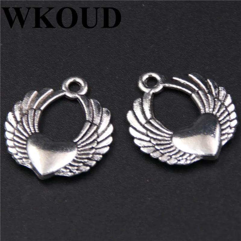 15pcs Silver Plated Heart with Angel Wings Charms for DIY Bracelet Necklace