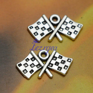 20pcs Antique Silver Checkered Flags Pendants Car Charms DIY Jewelry Making