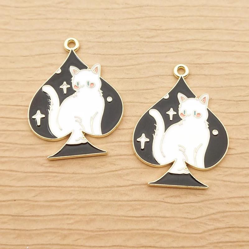 10pcs Poker Cat Charm, Enamel Animal Earring Pendant
