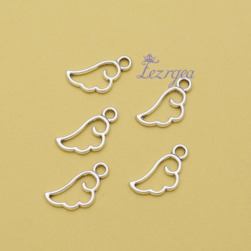 80pcs 10x17mm Antique Silver Wings Feather Charms Fairy Pendants