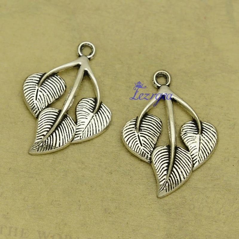 20pcs Antique Silver Leaf Branch Charms Pendants DIY Necklace Supplies