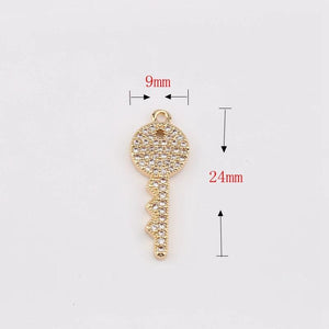 2pcs Key Shape Copper Pendant Zircon DIY Earring Necklace Jewelry