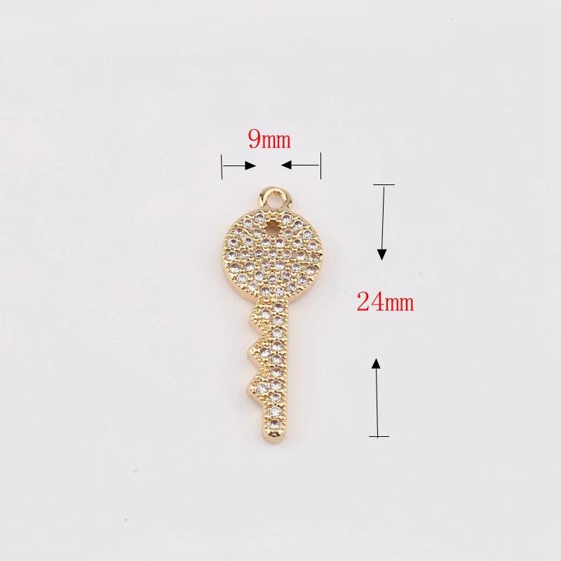 2pcs Key Shape Copper Pendant Zircon DIY Earring Necklace Jewelry
