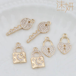 2pcs Key Shape Copper Pendant Zircon DIY Earring Necklace Jewelry