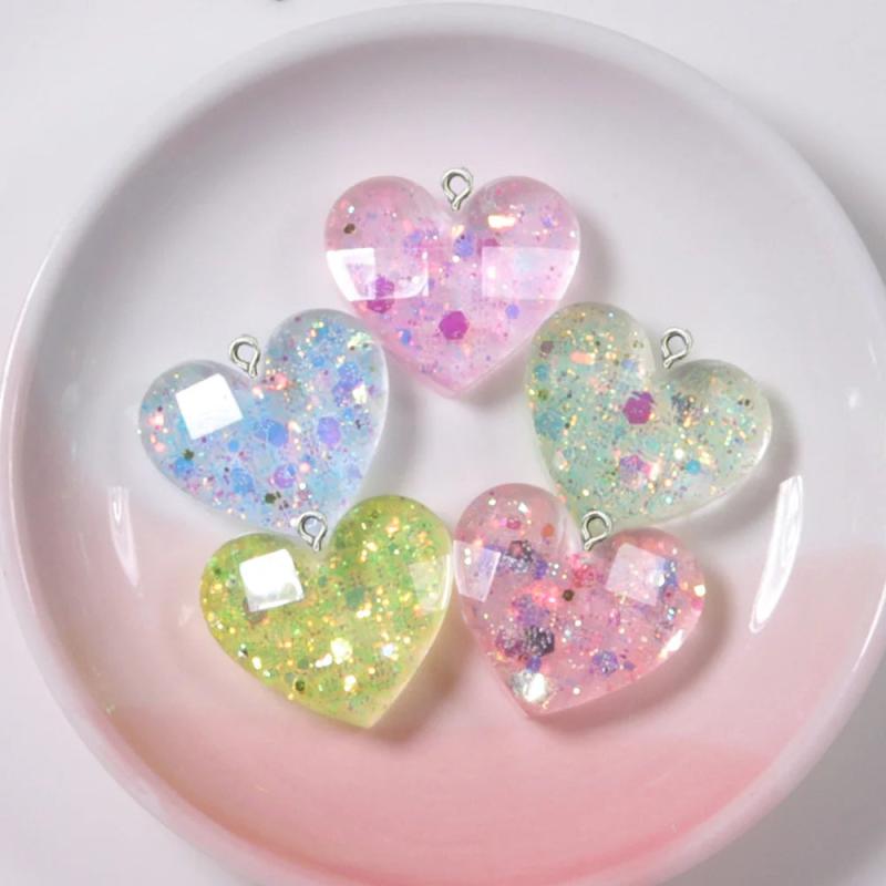 10Pcs Heart Resin Charms Glitter Pendants DIY Jewelry Making Accessories