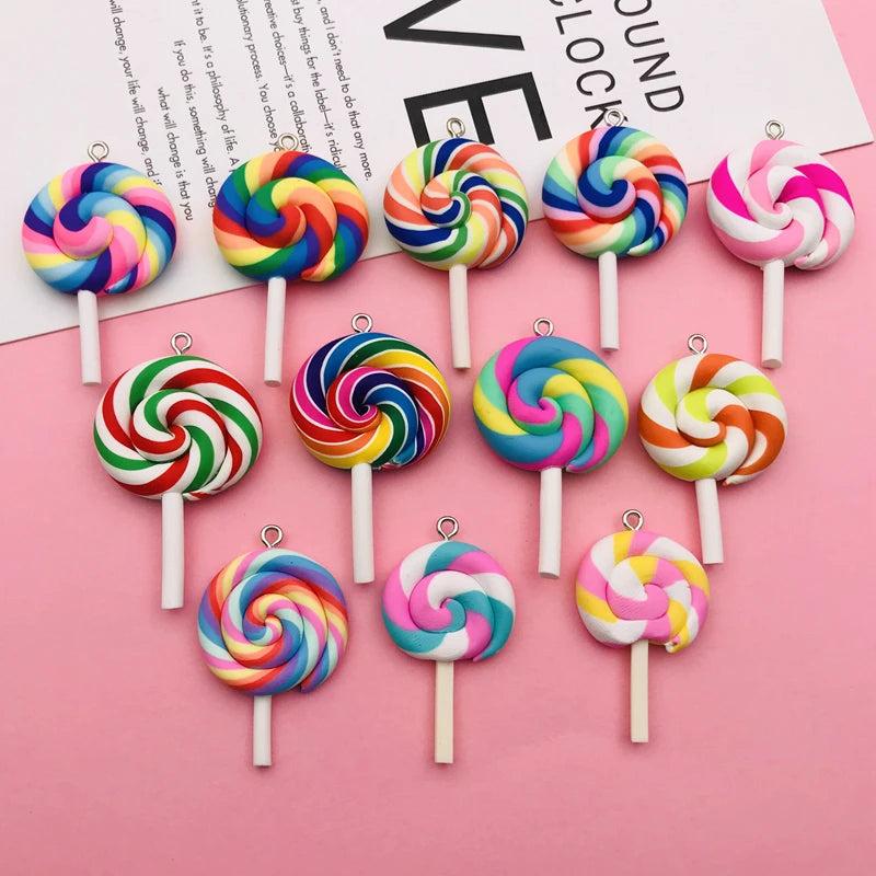 10pcs Colorful Clay Lollipop Charms for DIY Making