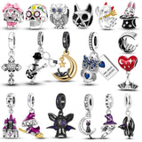 Halloween Moon Cat Witch Broom Skeleton Skull Silver Charm Bracelet Necklace