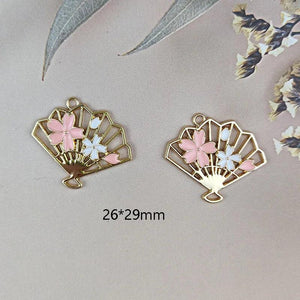 10pcs Cherry Flower Fan Enamel Charms Pendants DIY Jewelry Making