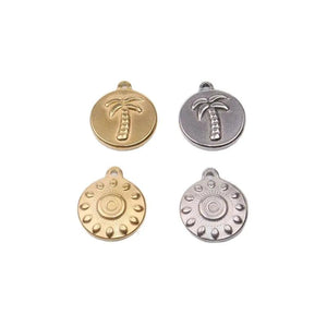 5pcs 15mm Round Palm Tree Charms Pendant Stainless Steel DIY Jewelry Making