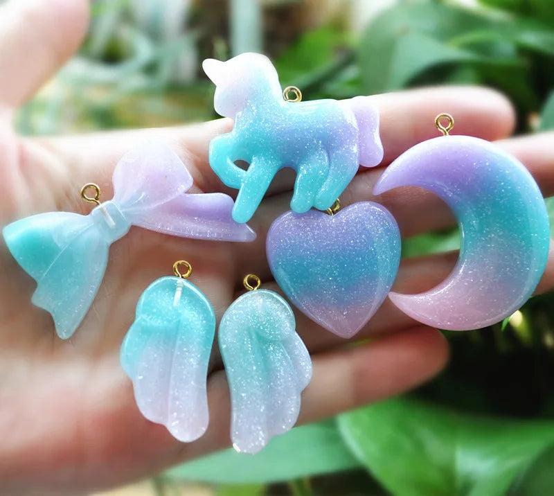 12pcs Flat Back Glitter Unicorn Charms Bow DIY Necklace Pendant Keychain Charms