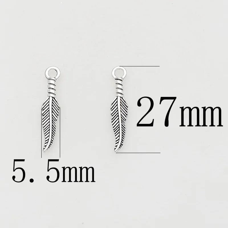 50pcs Antique Silver Feather Charms 27x5.5mm DIY Necklace Jewelry Pendants