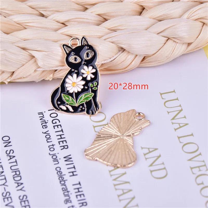 10pcs Enamel Daisy Cat Charms for DIY Jewelry Making 20*28mm