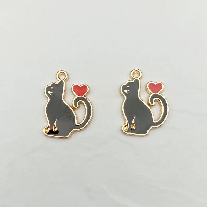 20pcs Enamel Heart Cat Charms DIY for Jewelry Making Dangle 15*20mm