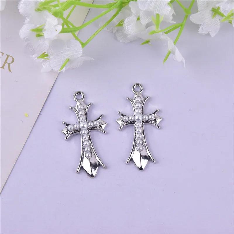 10pcs Pearl Rhinestone Cross Metal Charms for DIY Jewelry Making
