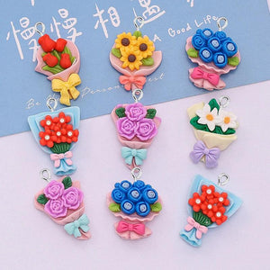 10Pcs Resin Flower Bouquet Charms for DIY Jewelry Making