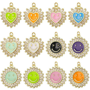 18K Real Plated CZ Heart Round Enamel Charms DIY Jewelry Making