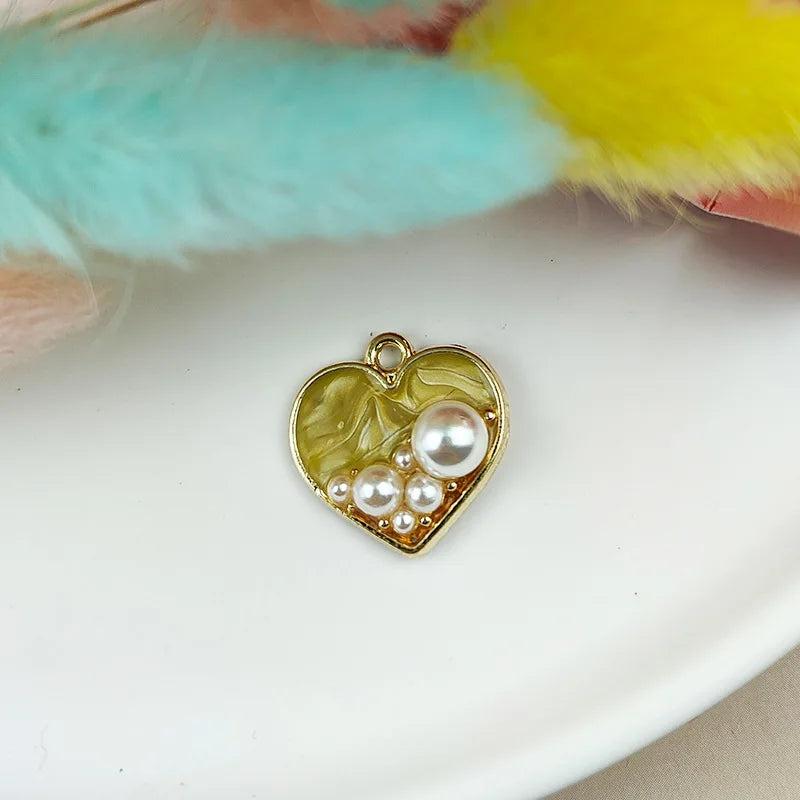 10pcs Pearl Heart Enamel Charms Pendant for DIY Jewelry Making