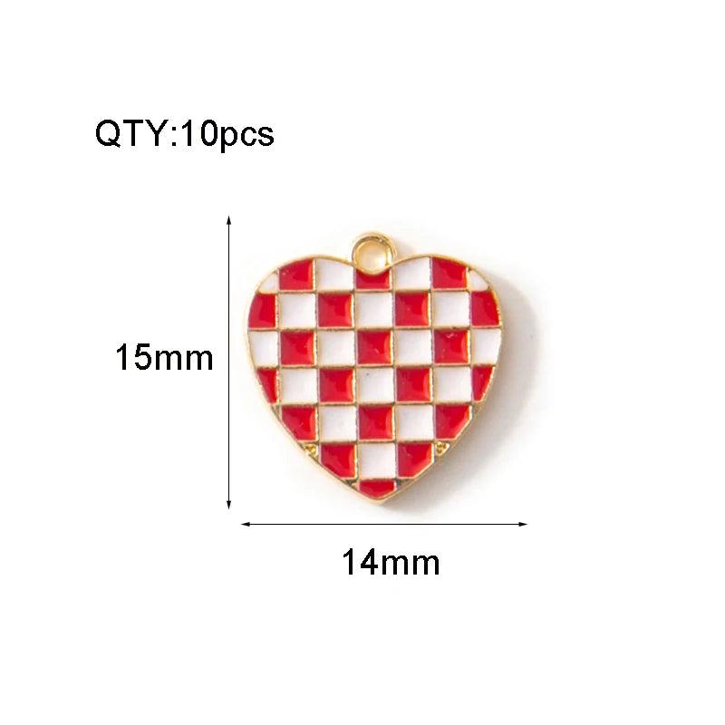 10PC Checkered Heart Enamel Charms Alloy DIY Pendants