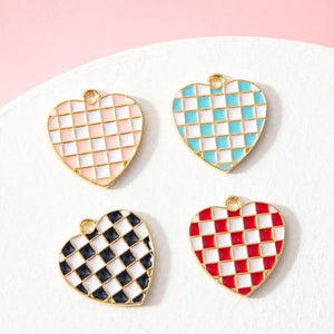 10PC Checkered Heart Enamel Charms Alloy DIY Pendants