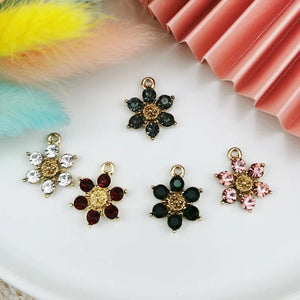 10Pcs Rhinestone Crystal Flower Charms Golden Base Alloy Flowers Pendants DIY
