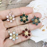 10Pcs Rhinestone Crystal Flower Charms Golden Base Alloy Flowers Pendants DIY