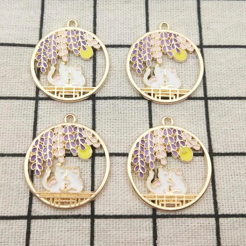 10pcs Enamel Flower Cat Charm Earring Pendant Bracelet Necklace 27x30mm