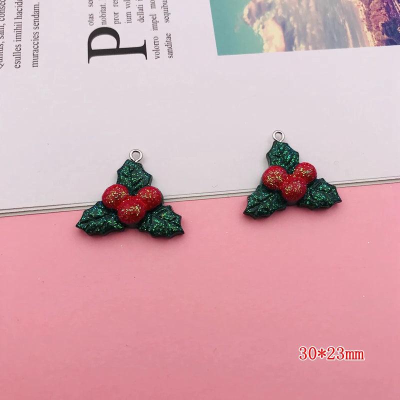 10pcs Resin Christmas Candy Cane Charm Bell Holly Pendant DIY Making