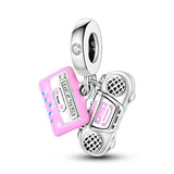 Pink Vintage Radio Tape Music Dangle Charm Bracelet Necklace Bead Pendant