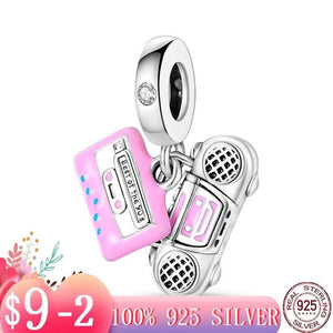 Pink Vintage Radio Tape Music Dangle Charm Bracelet Necklace Bead Pendant