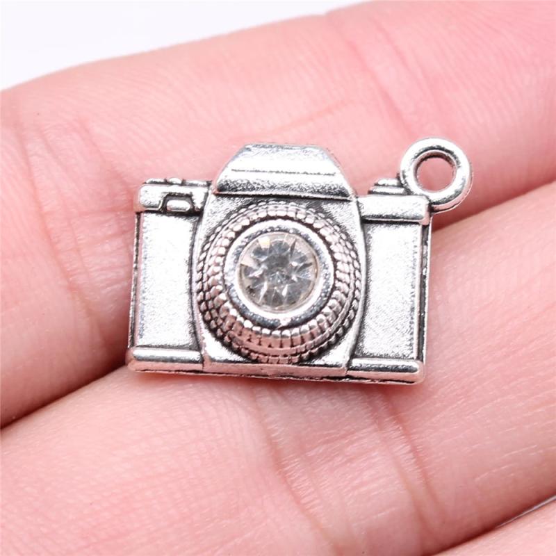 10pcs Camera With Crystal Charms Antique Silver Plated Pendant