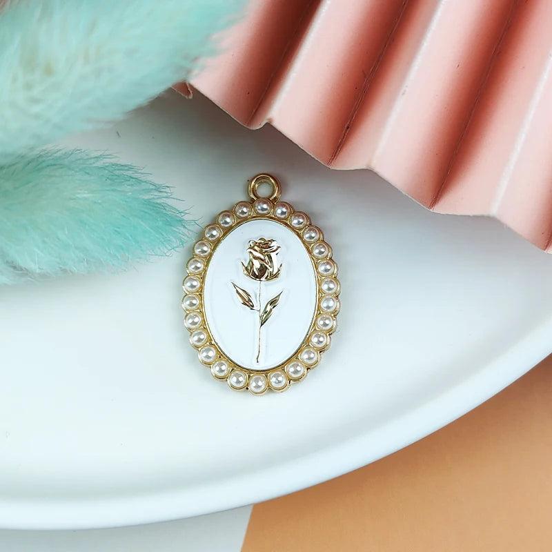 10pcs Pearl Rose Flowers Enamel Charms Earrings Metal Pendant