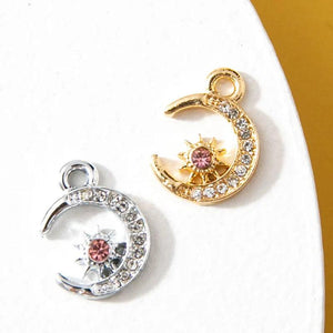 10pcs Silver Moon Charm Pendants With Rhinestones for Jewelry Making
