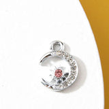 10pcs Silver Moon Charm Pendants With Rhinestones for Jewelry Making