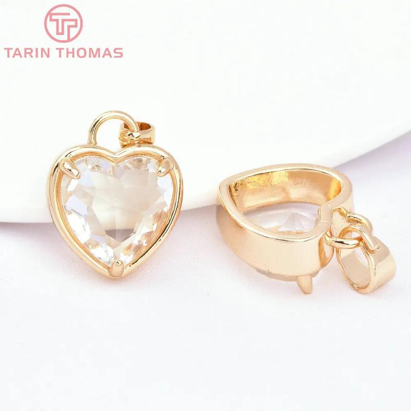 6PCS 15x18MM 24K Brass Zircon Heart Charms Pendants DIY Jewelry Findings