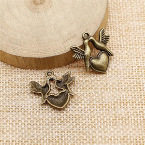 20pcs Bird With Heart Charms Antique Bronze Plated Jewelry Findings