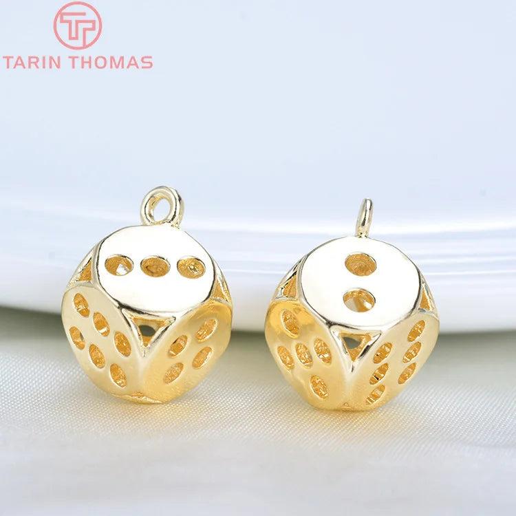 10PCS 11.5x15MM 24K Plated Brass Dice Charms Pendants
