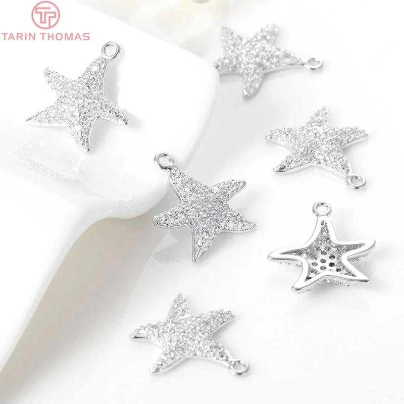 4PCS Starfish Charm Pendants Brass Zircon 14.5x15MM