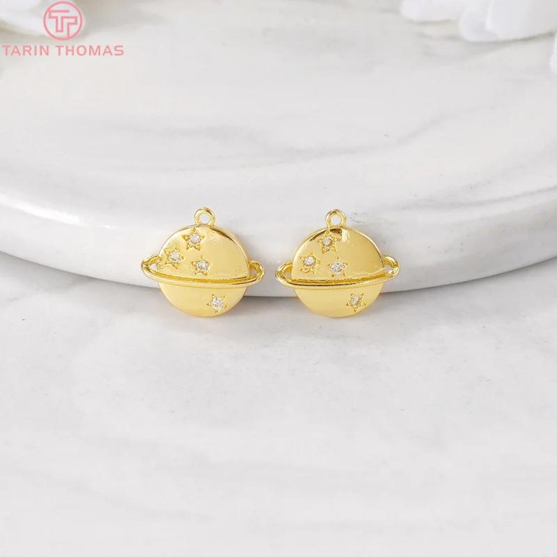 6PCS 8x10MM Planet Charms Pendants 24K Plated Brass Zircon DIY Jewelry
