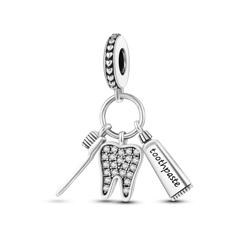Toothpaste Toothbrush Tooth Pendant Dangle Silver Charms for Bracelet DIY