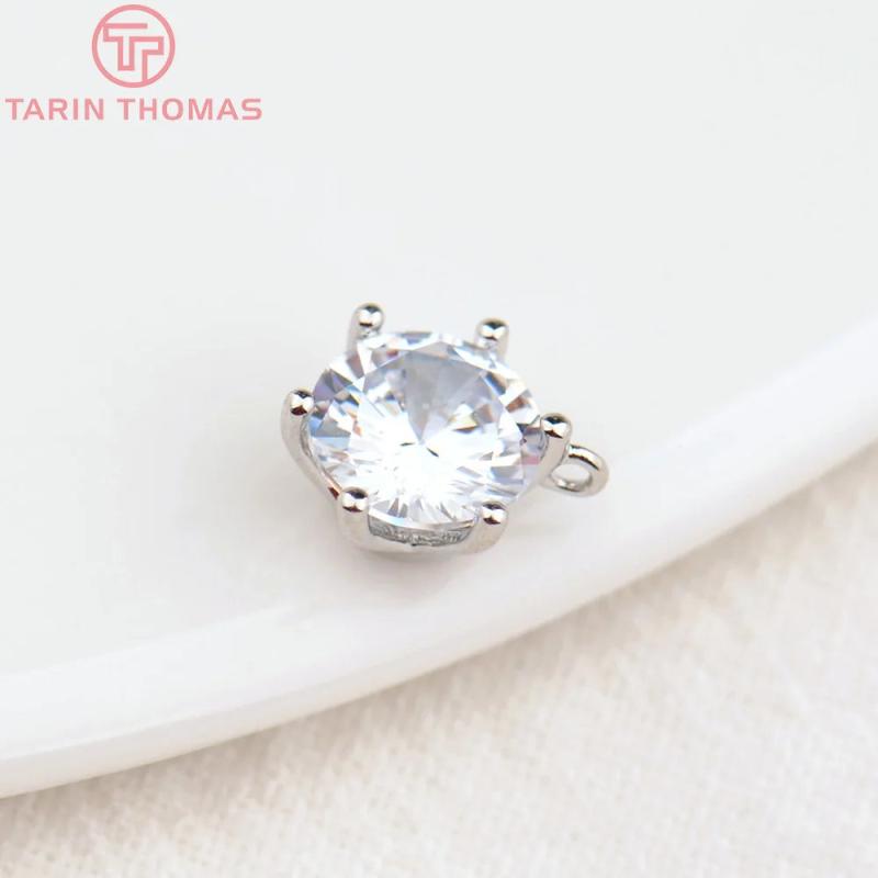 6PCS 7MM 9MM Hole 1MM 24K Brass Zircon Round Charms Pendants