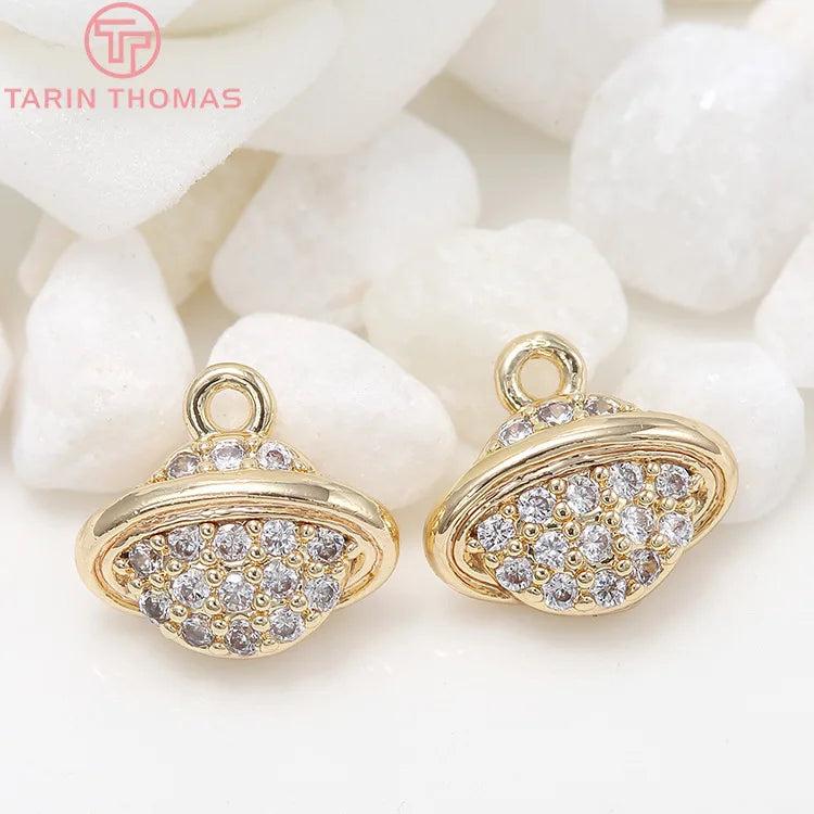 4PCS 8X10MM Hole 1.5MM 24K Brass Zircon Planet Charms DIY Jewelry Findings
