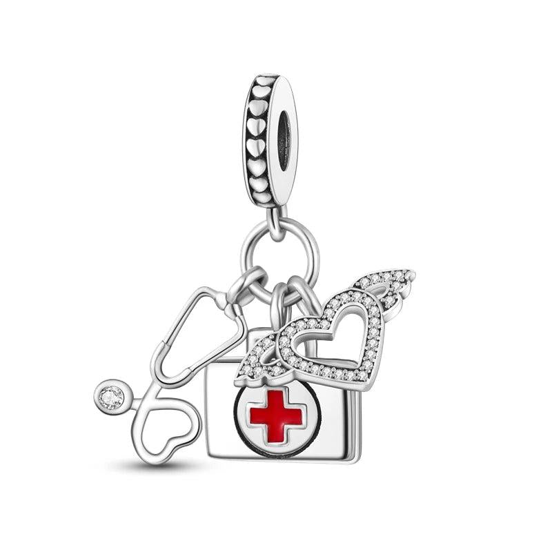 Stethoscope First Aid Kit Pendant Charm Beads Silver Bracelet DIY Jewelry