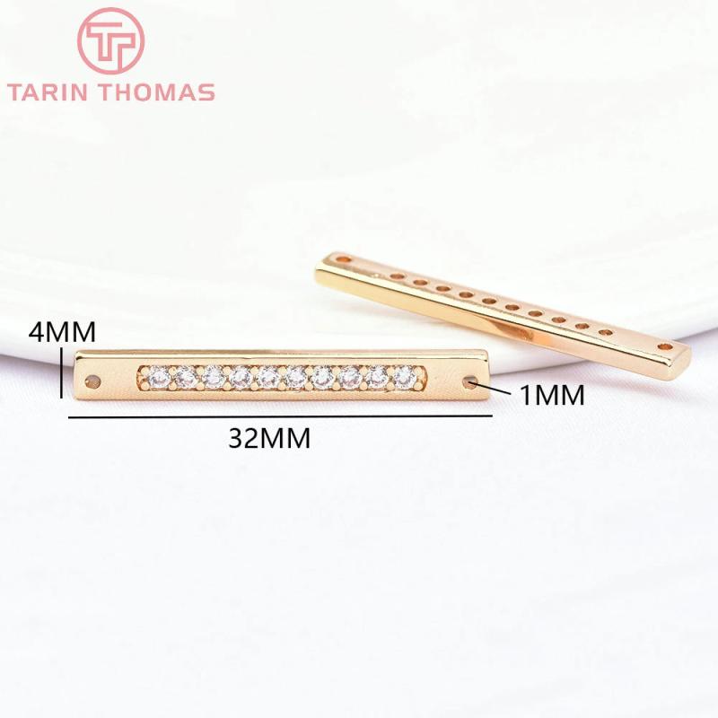 4PCS 4x32MM 24K Brass with Zircon Long Strip Charms Pendants