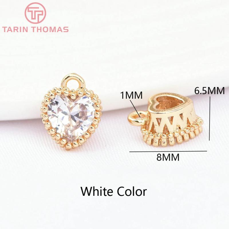 6PCS 6.5x8MM 24K Brass Zircon Heart Charms DIY Jewelry Findings