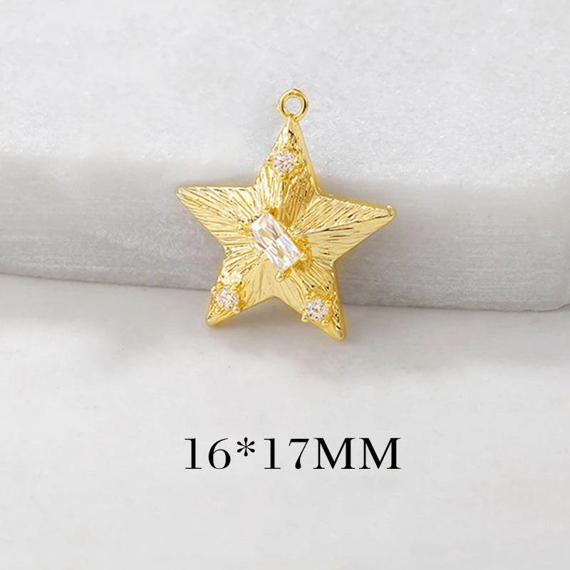 4PCS 16x17MM 24K Brass Zircon Star Round Charm Pendants