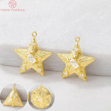 4PCS 16x17MM 24K Brass Zircon Star Round Charm Pendants