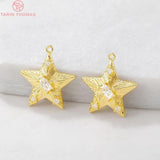 4PCS 16x17MM 24K Brass Zircon Star Round Charm Pendants