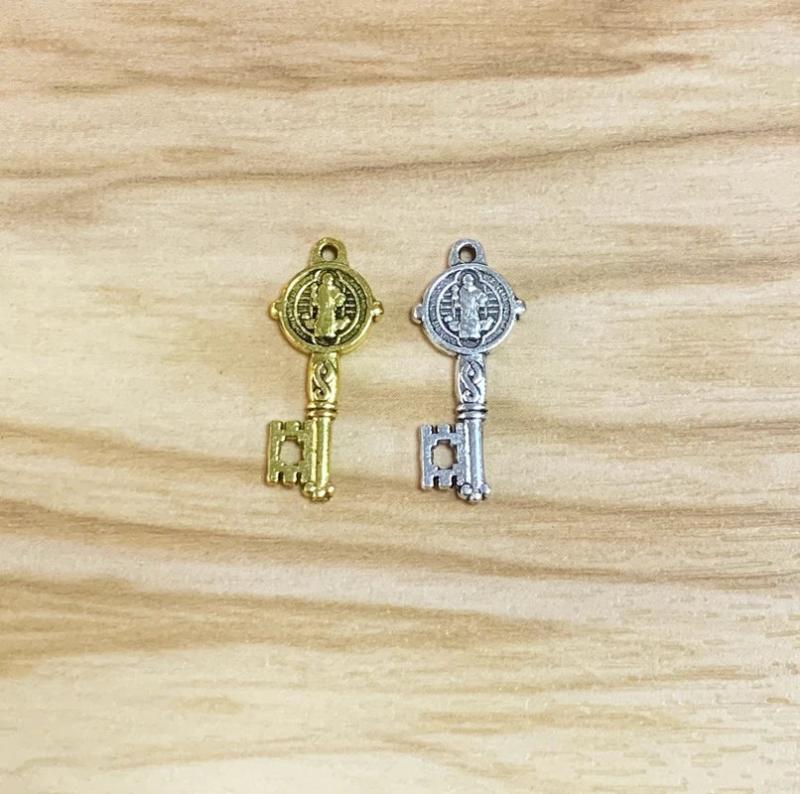 Tibetan Silver 3D Key Charm with Saint Benedict Cross Pendant